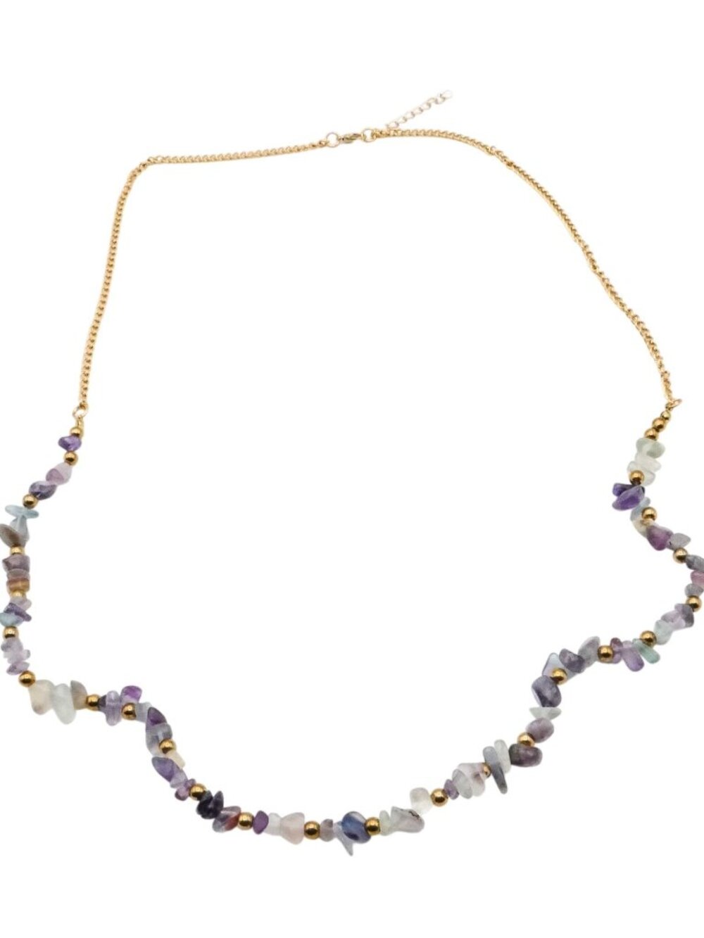 Fluorite Chip Beaded Necklace Gold Tone Adjustable 33–35 Inches